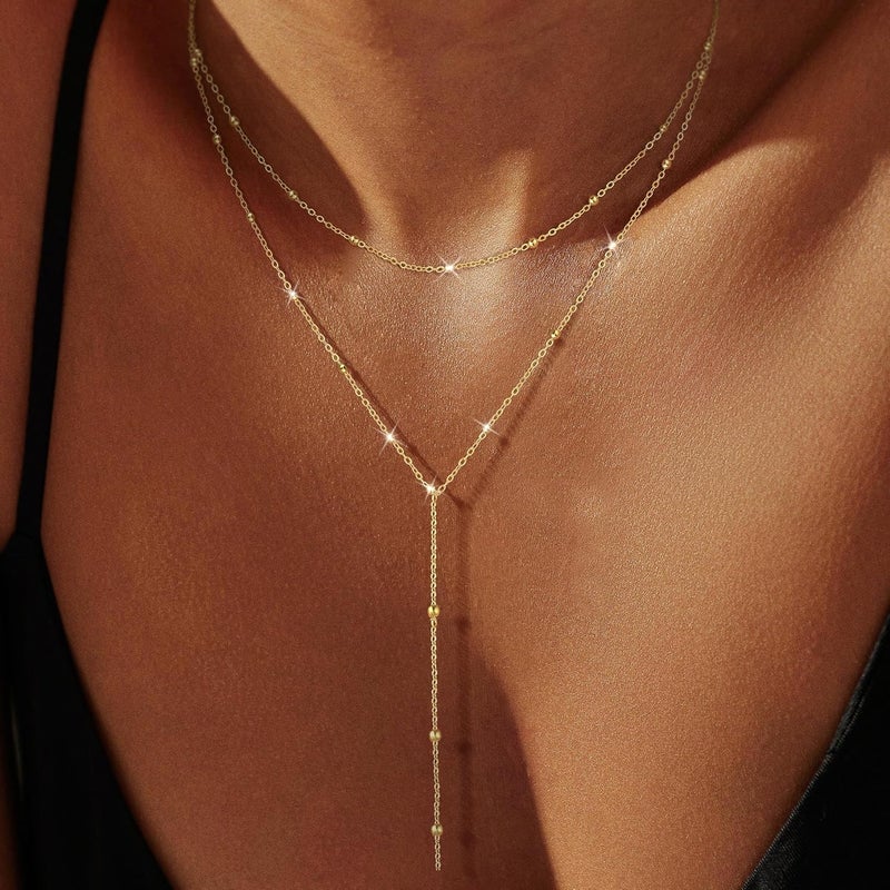 Pancert Gold Necklace for Women, Dainty Long Necklace 14k Gold Plated/Silver Y-Shaped Pendant Necklace Trendy Layered Cz Beaded Chain Lip chain Drop Necklaces for Women Gift Jewelry - Image 2